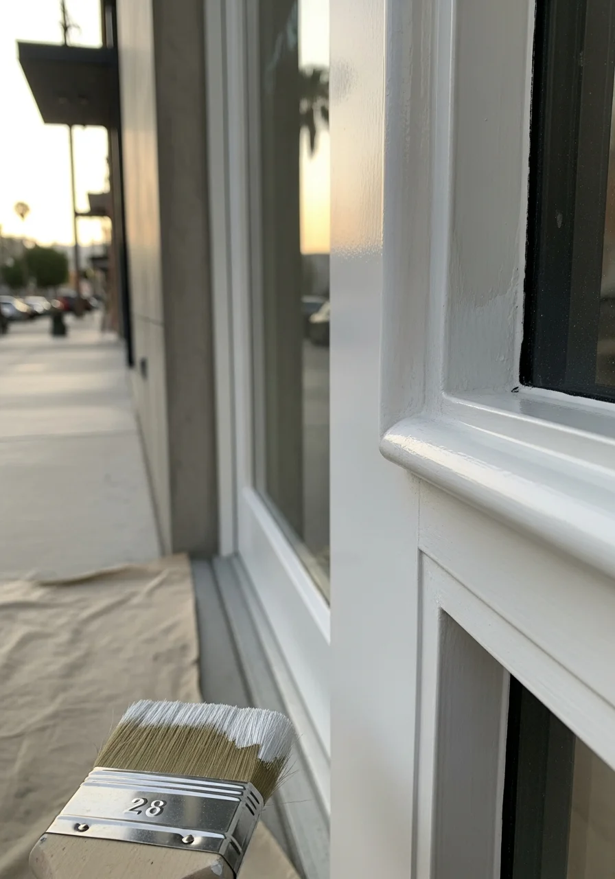 Close-up of a painter using precision technique on interior trim in a modern retail space.