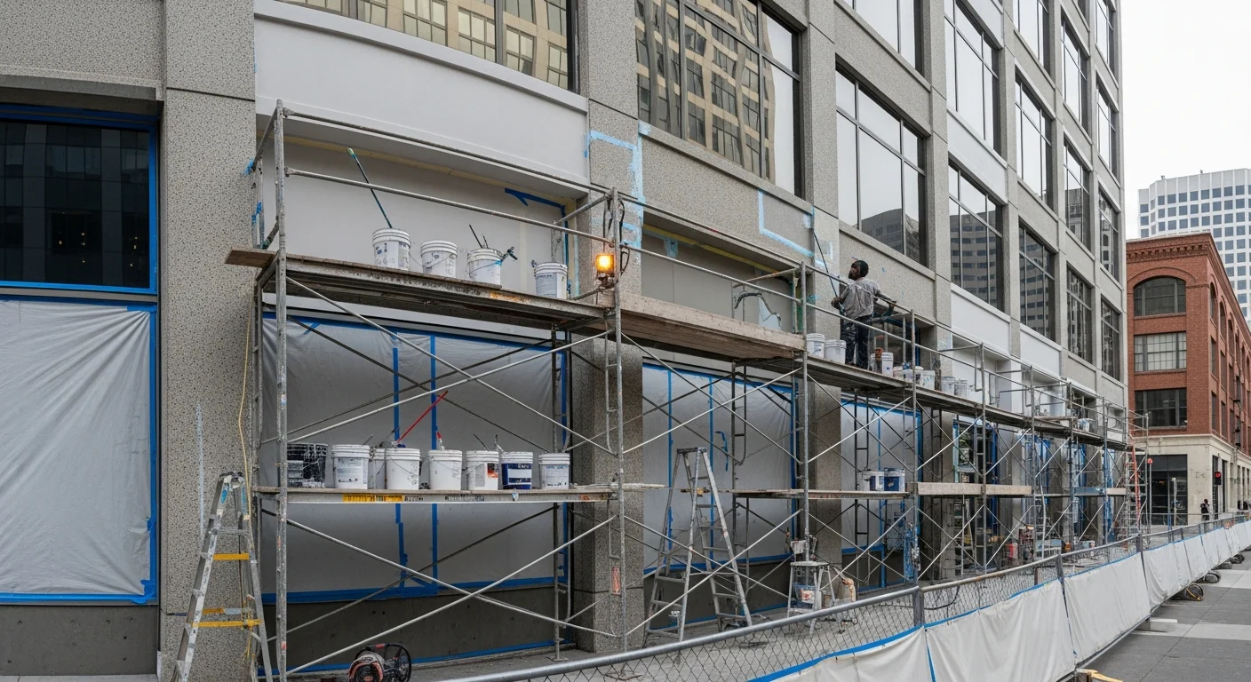 Commercial painter applying exterior finish to a multi-story office building in downtown California.