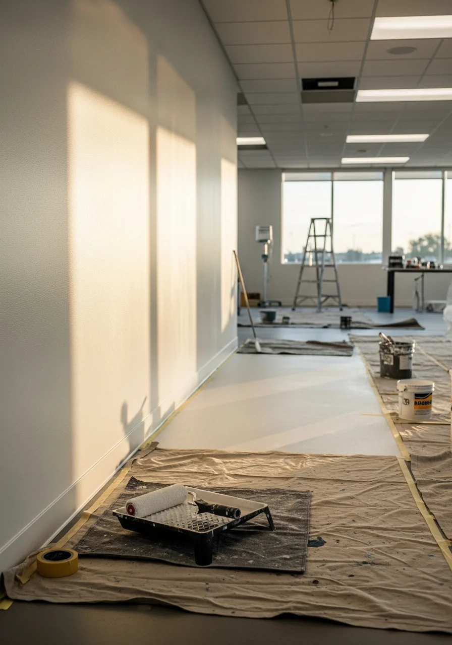 Painter working on interior walls of a modern office space with bright natural light.