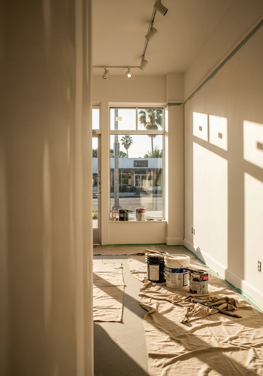 Painter applying interior finish in a contemporary retail storefront in Santa Monica.
