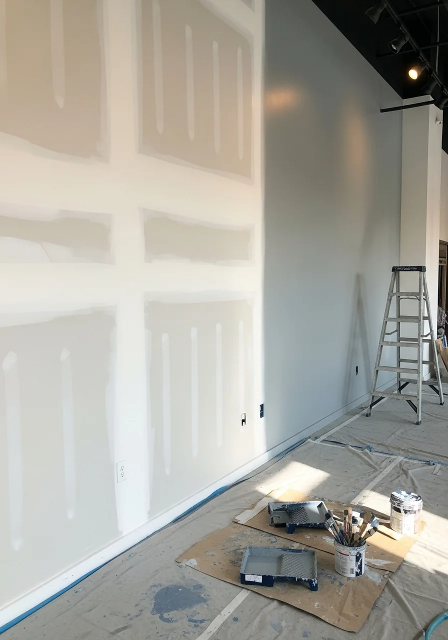 Painter working on interior walls of a retail space with contemporary design elements.
