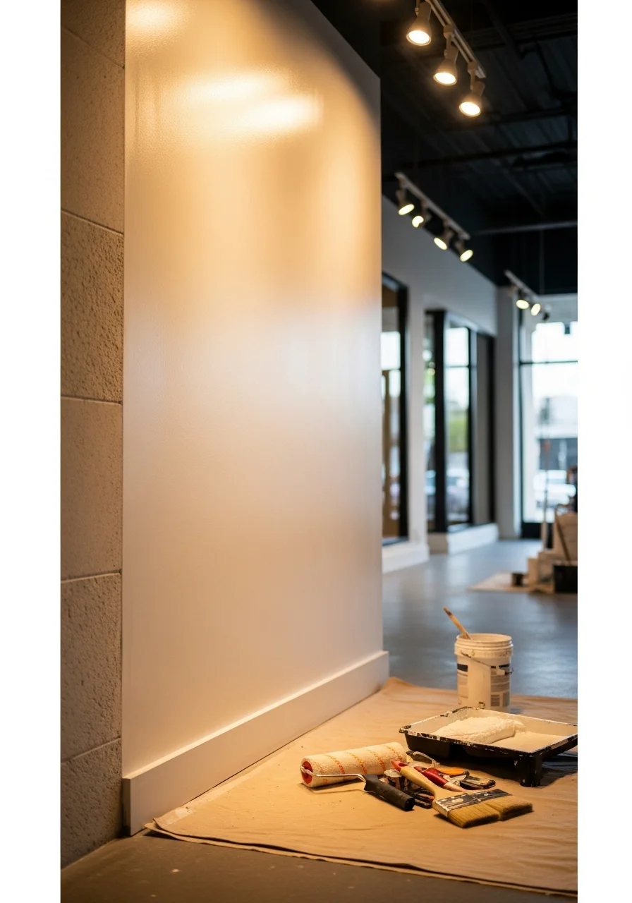 Painter working on interior walls of a modern retail space with professional lighting.