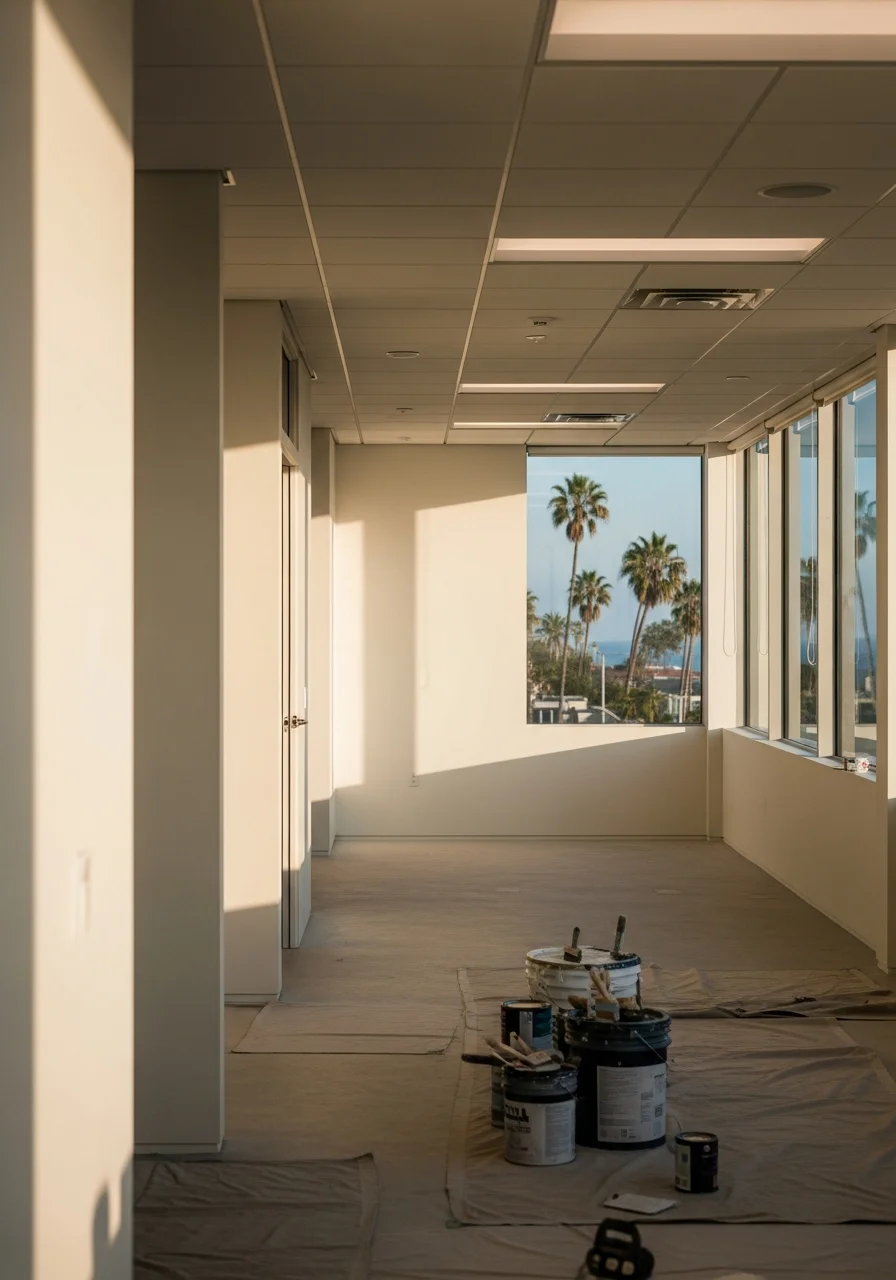 Painter working on interior walls of a modern office space with coastal views.