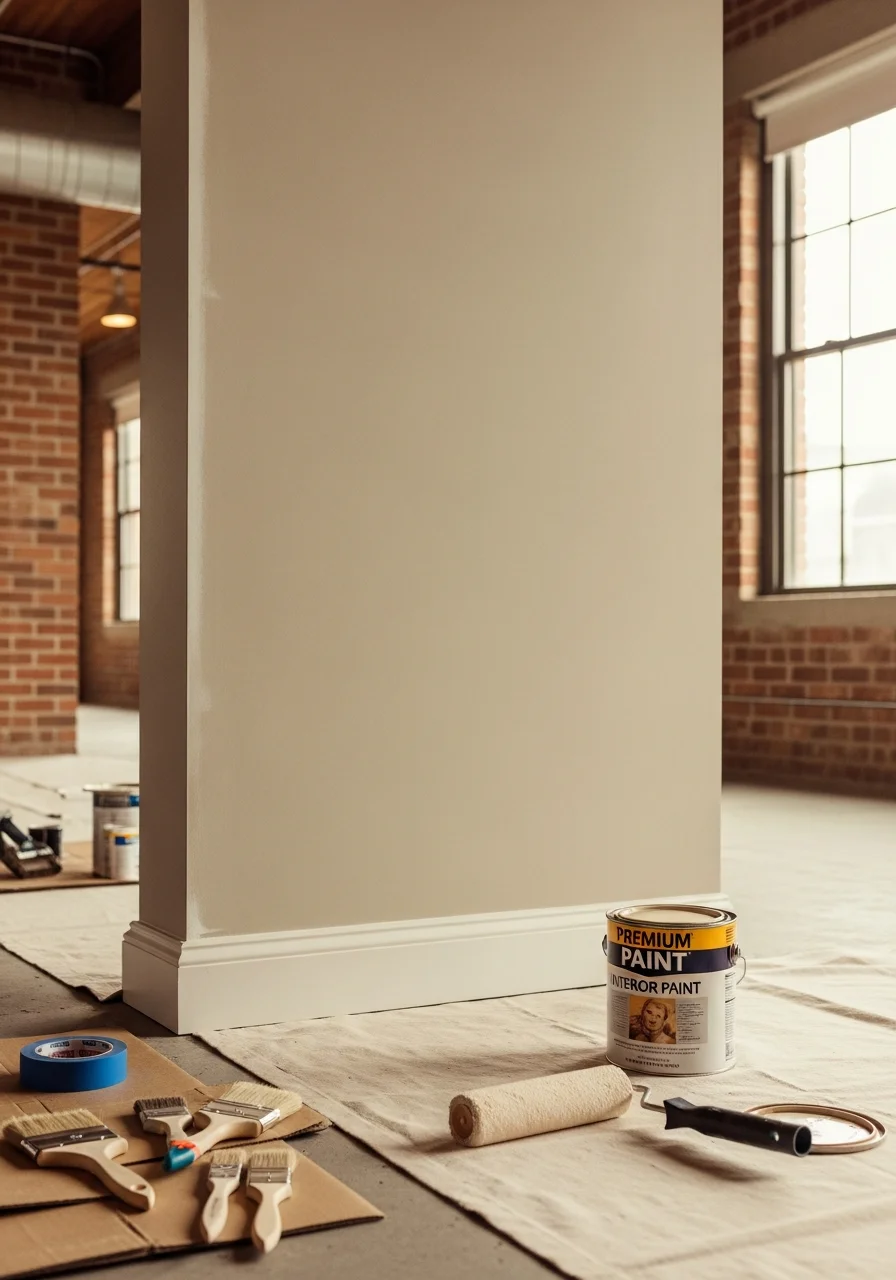 Painter working on interior walls of a professional office space with natural light.