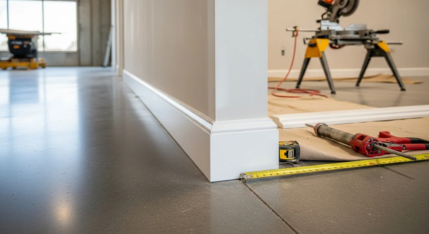 Freshly installed white baseboards along the base of a painted commercial interior wall, showing tight corner joints and a clean floor-to-wall transition. The trim runs the length of a wide commercial room with smooth caulked seams and an even painted finish.