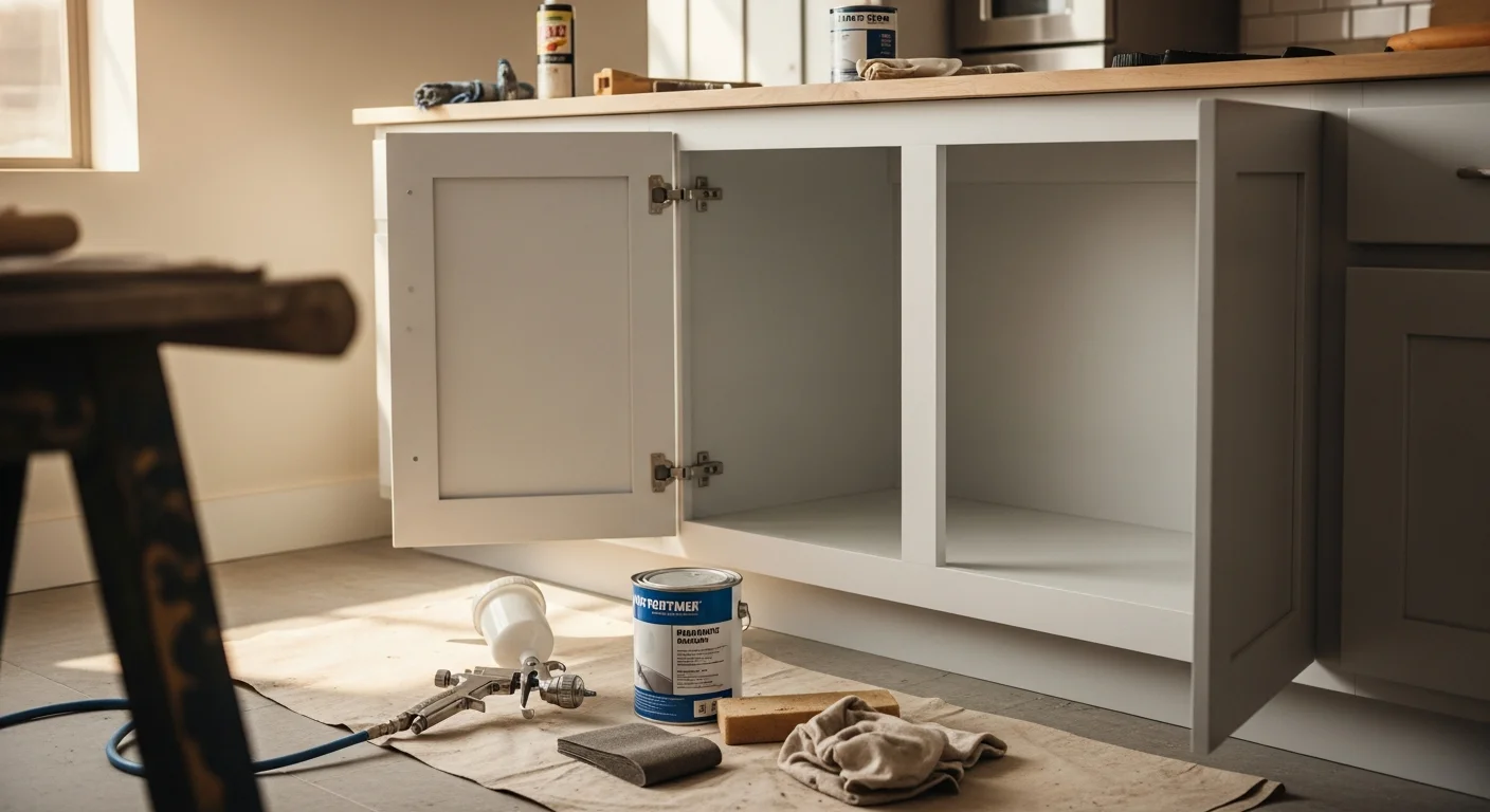 Freshly painted commercial kitchen cabinets with a smooth, white spray finish in a break room setting. A painter from First Class Painting applies a topcoat to cabinet doors removed and staged for spraying.