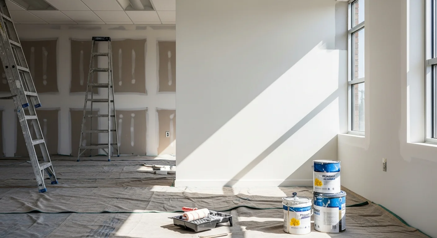 A commercial painter applying a smooth, even coat of paint to the interior walls of a large office space. The finished section shows clean lines along the trim and a consistent color across the full wall surface.