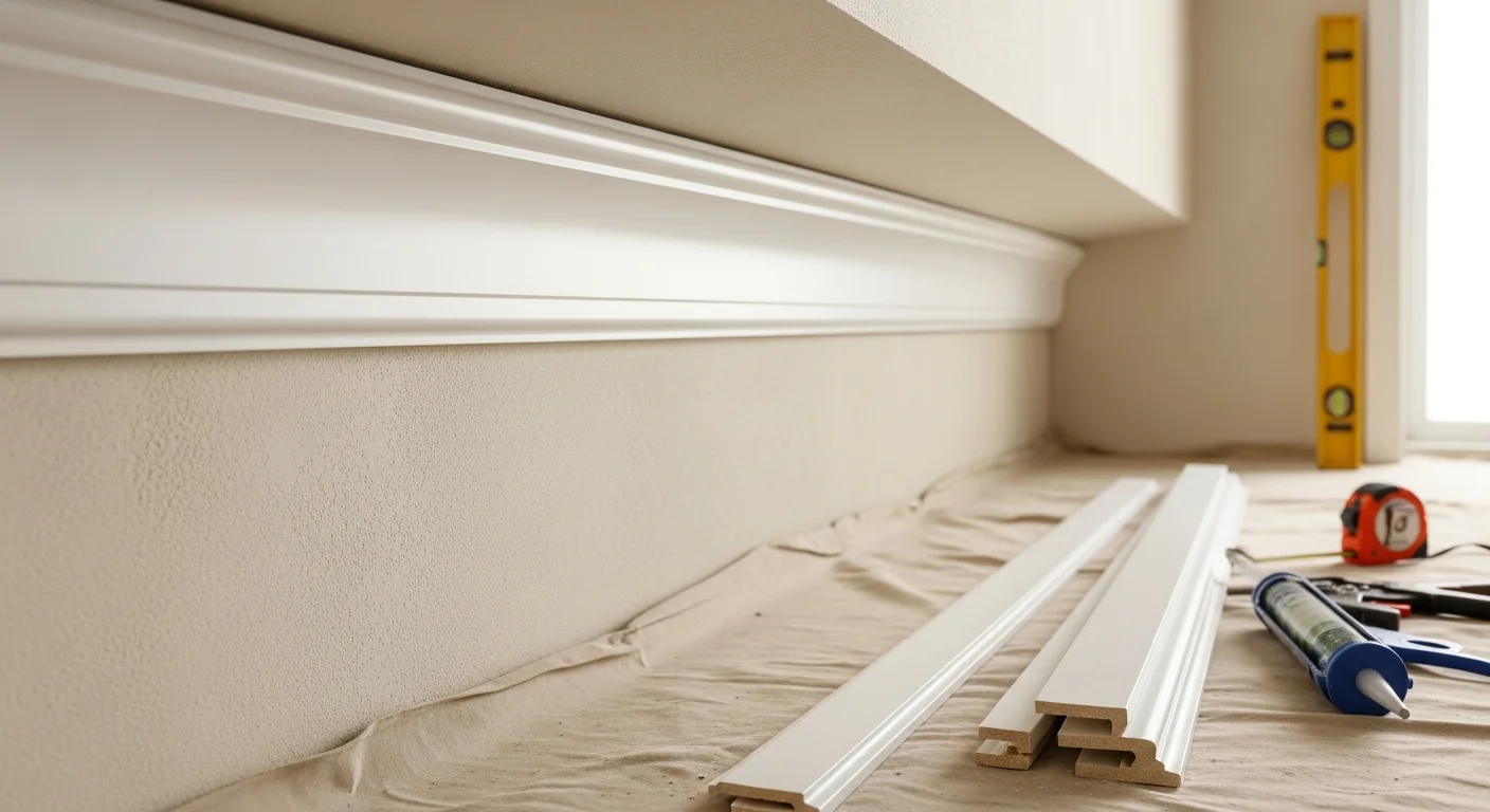 Freshly installed white crown molding running along the ceiling line of a commercial interior room, with clean corner joints and a smooth painted finish. The molding creates a sharp transition between the painted walls and ceiling in a professional office setting.