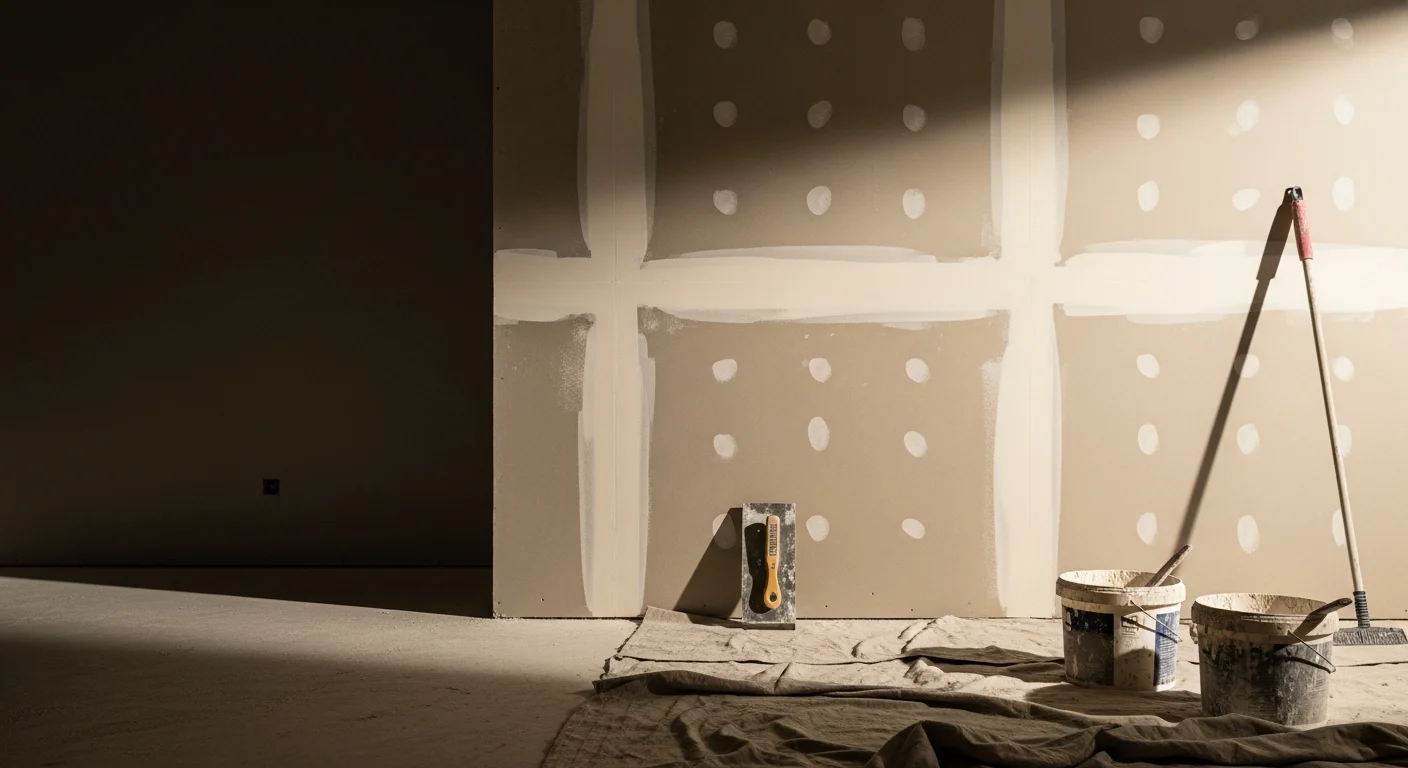 A commercial interior wall showing a smooth, freshly finished drywall surface with no visible seams or fasteners, ready for painting. A First Class Painting crew member sands a taped joint in a commercial office space under bright overhead lighting.