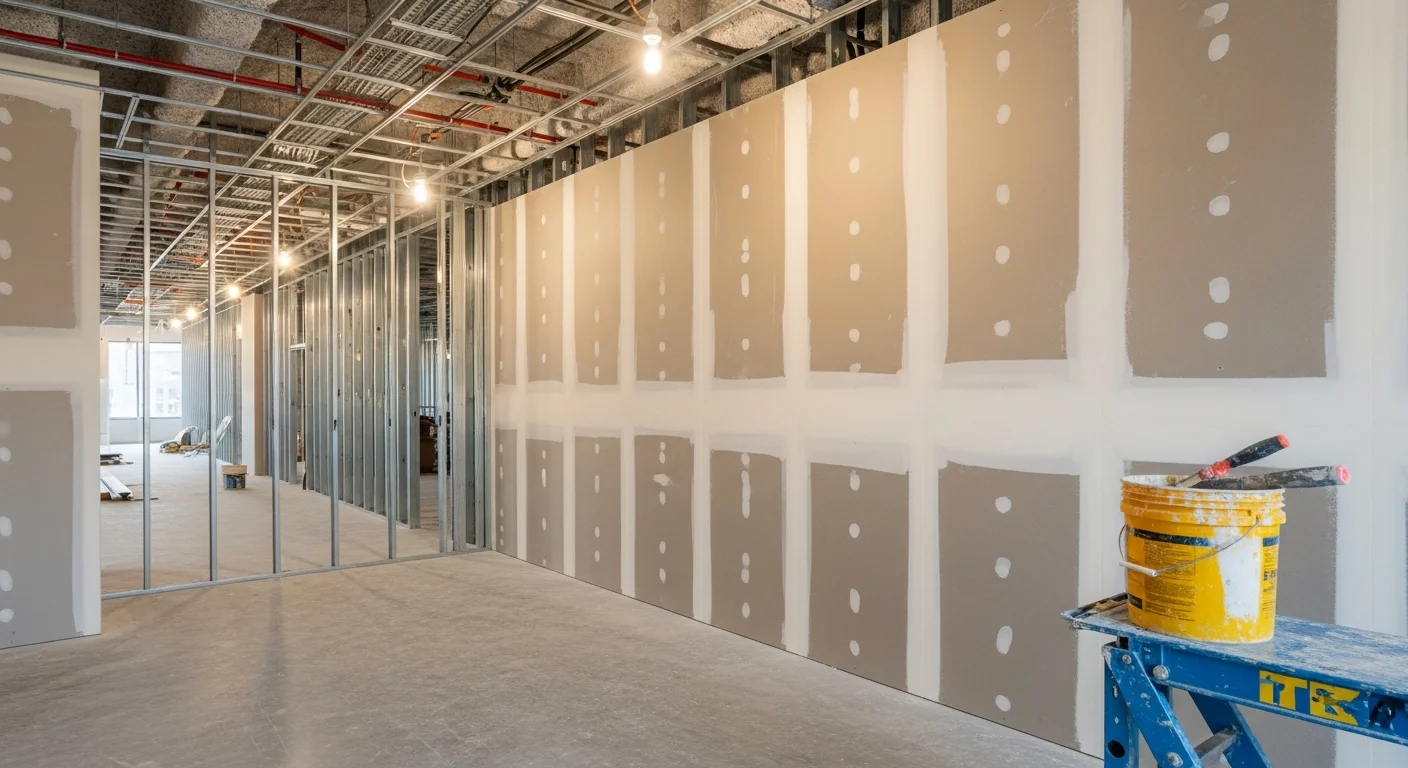A freshly installed and finish-sanded drywall wall inside a commercial office space, showing smooth, seam-free surfaces ready for paint. The interior shows clean corners and flat panels typical of a professional commercial drywall installation by First Class Painting.