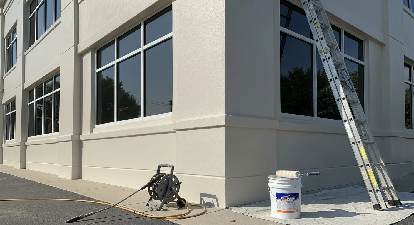 A freshly painted commercial building exterior showing clean, even coverage on a multi-story facade with crisp trim lines and no visible peeling or fading. First Class Painting crew equipment is visible at the base of the building during the coating application phase.