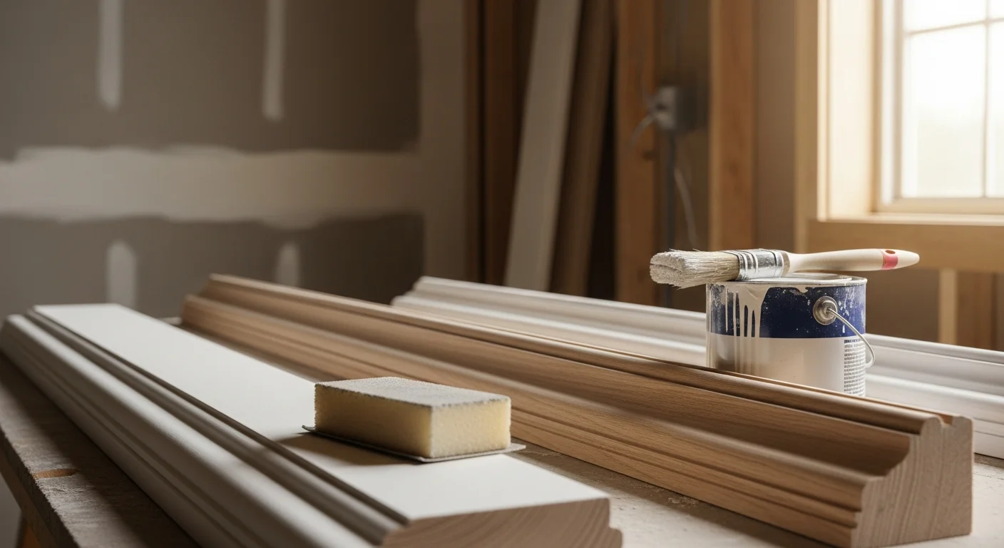 Freshly painted white trim, crown molding, and door casings inside a commercial office space. Clean enamel finish on all millwork surfaces with no visible brush marks or seams.