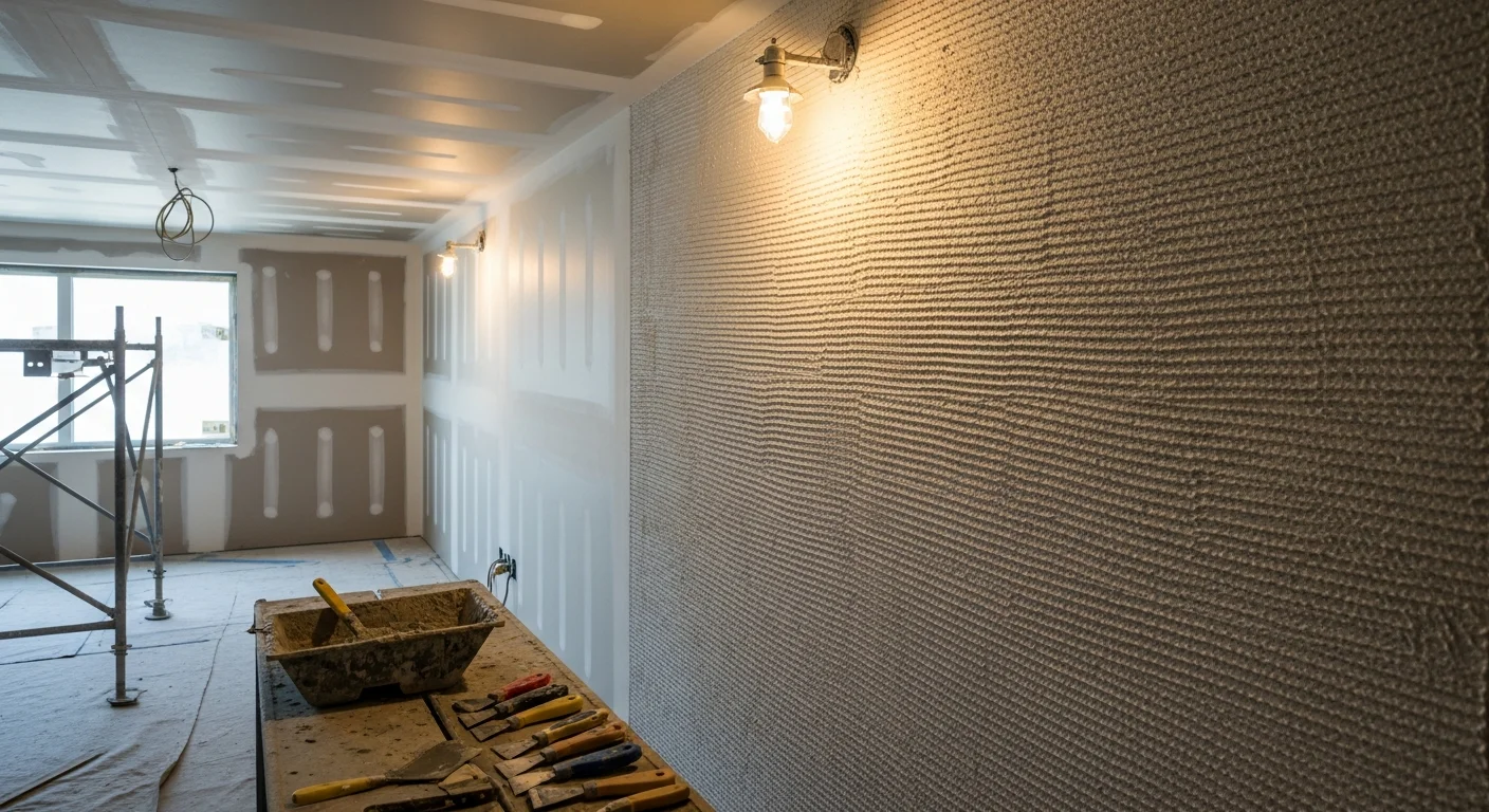 A freshly textured commercial interior wall showing a consistent knockdown finish applied by First Class Painting, ready for primer and paint. The surface is smooth at a distance with subtle depth visible across the full wall panel.