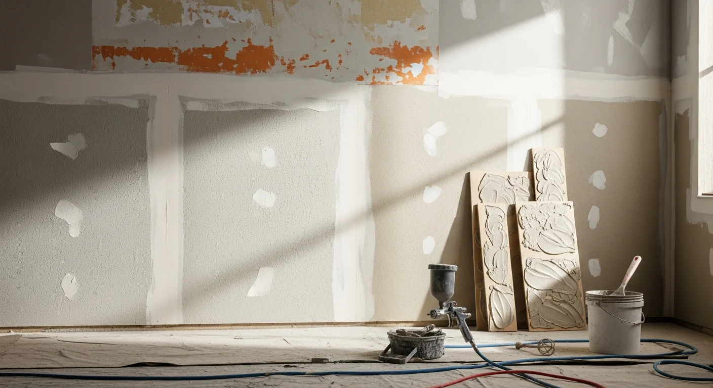 A commercial interior wall showing a seamlessly repaired and retextured drywall section with knockdown texture blending into the surrounding painted surface. The repaired area is indistinguishable from the original wall under overhead lighting.