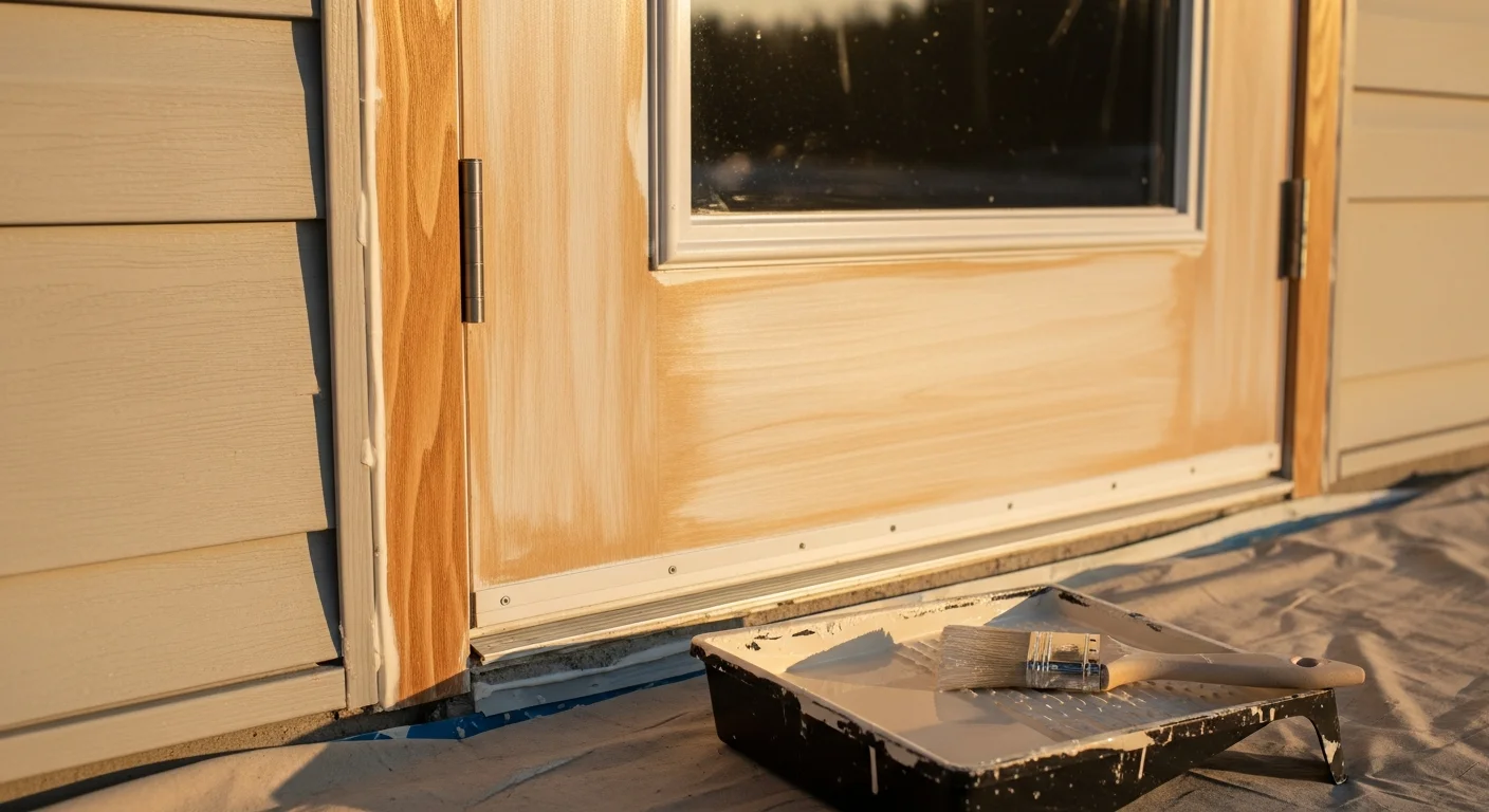 A commercial building exterior showing freshly painted white trim around windows and door casings, with clean brush lines against a neutral-colored facade. First Class Painting crew equipment is visible on the ground below the finished trim work.