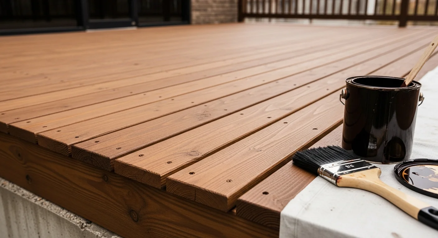 A commercial building exterior showing freshly stained wood siding and trim with even color and visible wood grain. A painter from First Class Painting applies stain to a wood deck surface on a commercial property.